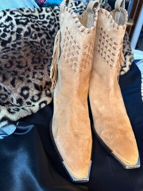 SCHUTZ Tan Suede Fringe Western Ankle Booties